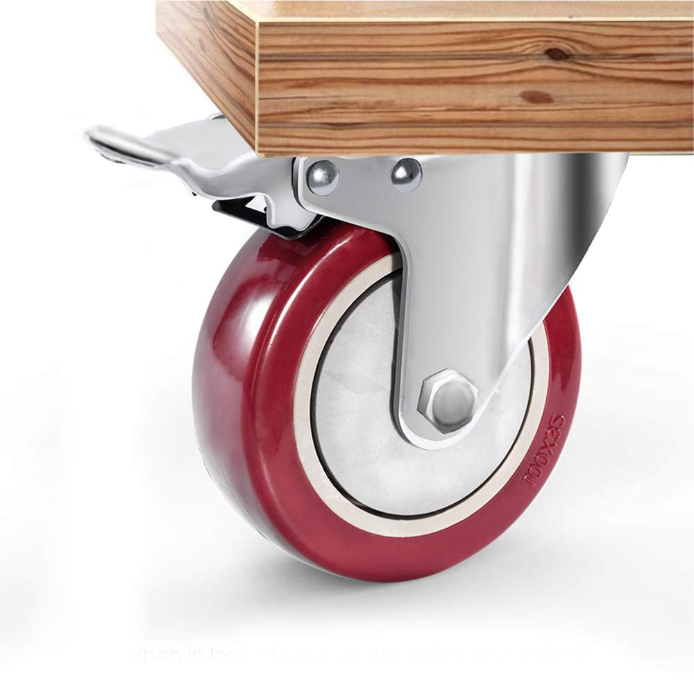 D&amp;L 4 Inch Plate Swivel Casters Wheels 1800Lbs Heavy Duty Casters with Brake Polyurethane Dual Locking Casters Set of 4 Red DL-I4-001