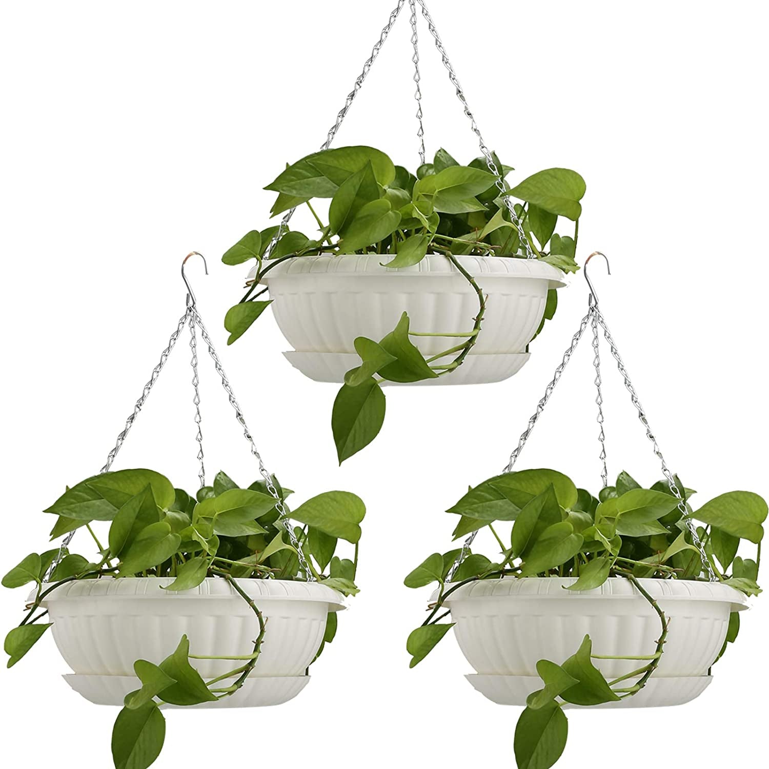 12.59&quot; Large Hanging Planters with Drainage Hole&amp;Tray, Hanging Flower Pots Plastic Plant Hanger Holders Hanging Basket for Indoor Outdoor Home Garden Herb Succulent (Pack 3)