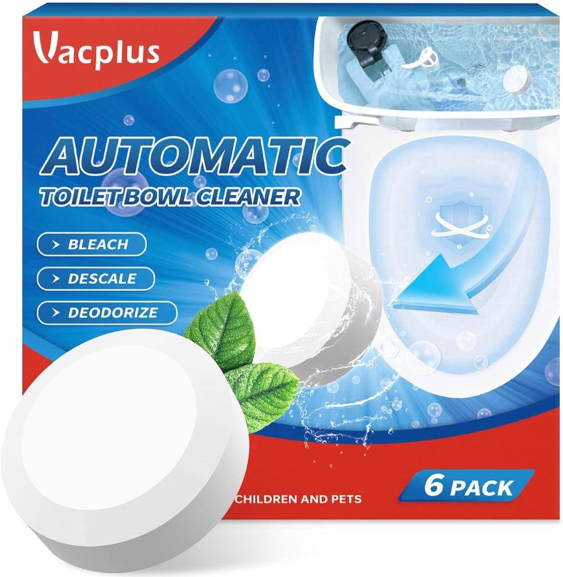 Vacplus Toilet Bowl Cleaner Tablets 6 PACK, Automatic Toilet Bowl Cleaners with Bleach, Toilet Tank Cleaners with Sustained-Release Technology, Household Toilet Cleaners with Easy Operation