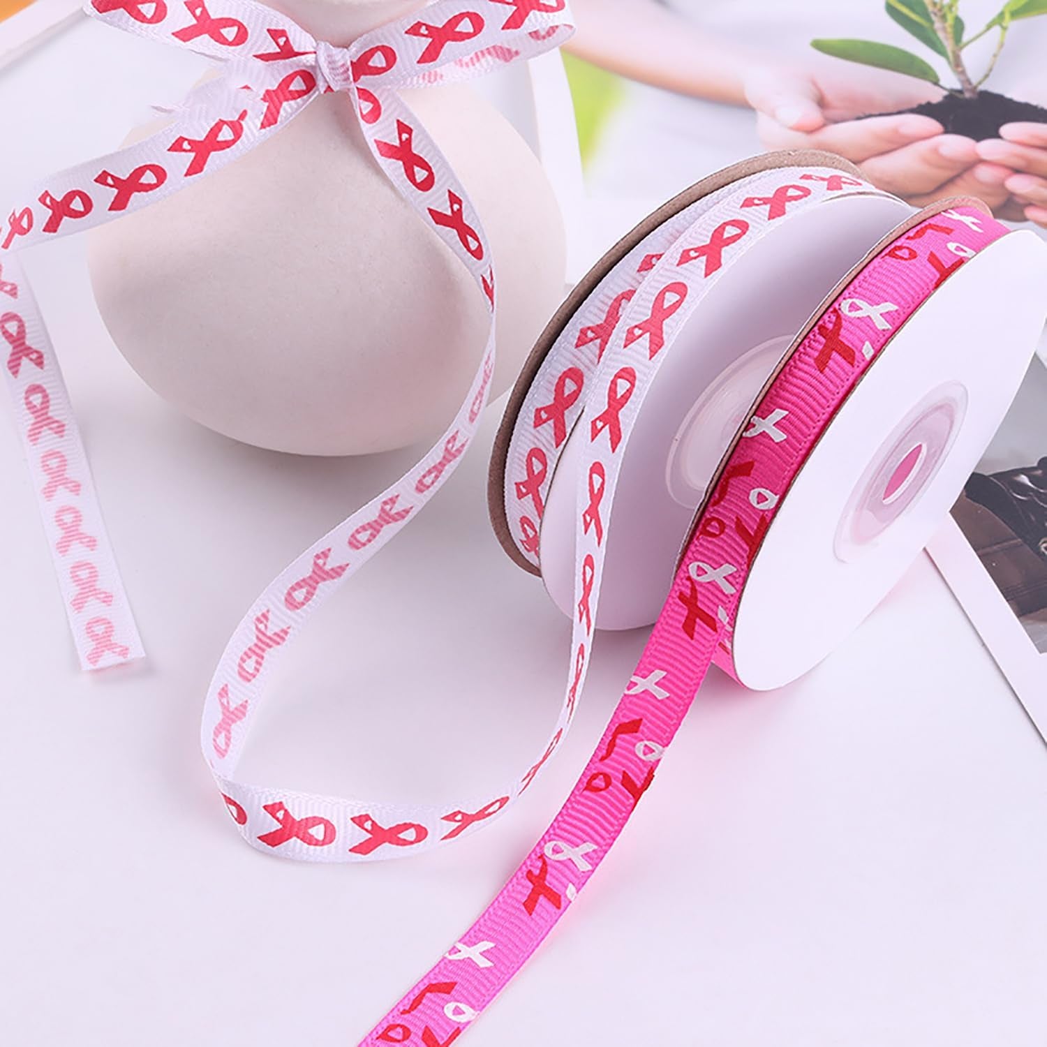 50Yards Breast Cancer Awareness Ribbon, 2Rolls Printed 3/8 Inch Grosgrain Ribbon for Gift Wrapping DIY Crafts Decoration (White, Rose Pink)