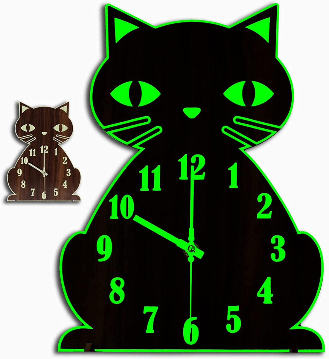 Wall Clock Glow in the Dark/Night Light Cute Cat Clock Silent Non-Ticking Wooden Wall Clocks Battery Operated Analog Clock for Bedroom Living Room Home Wall Decor,Funny Gifts,12 Inch Brown