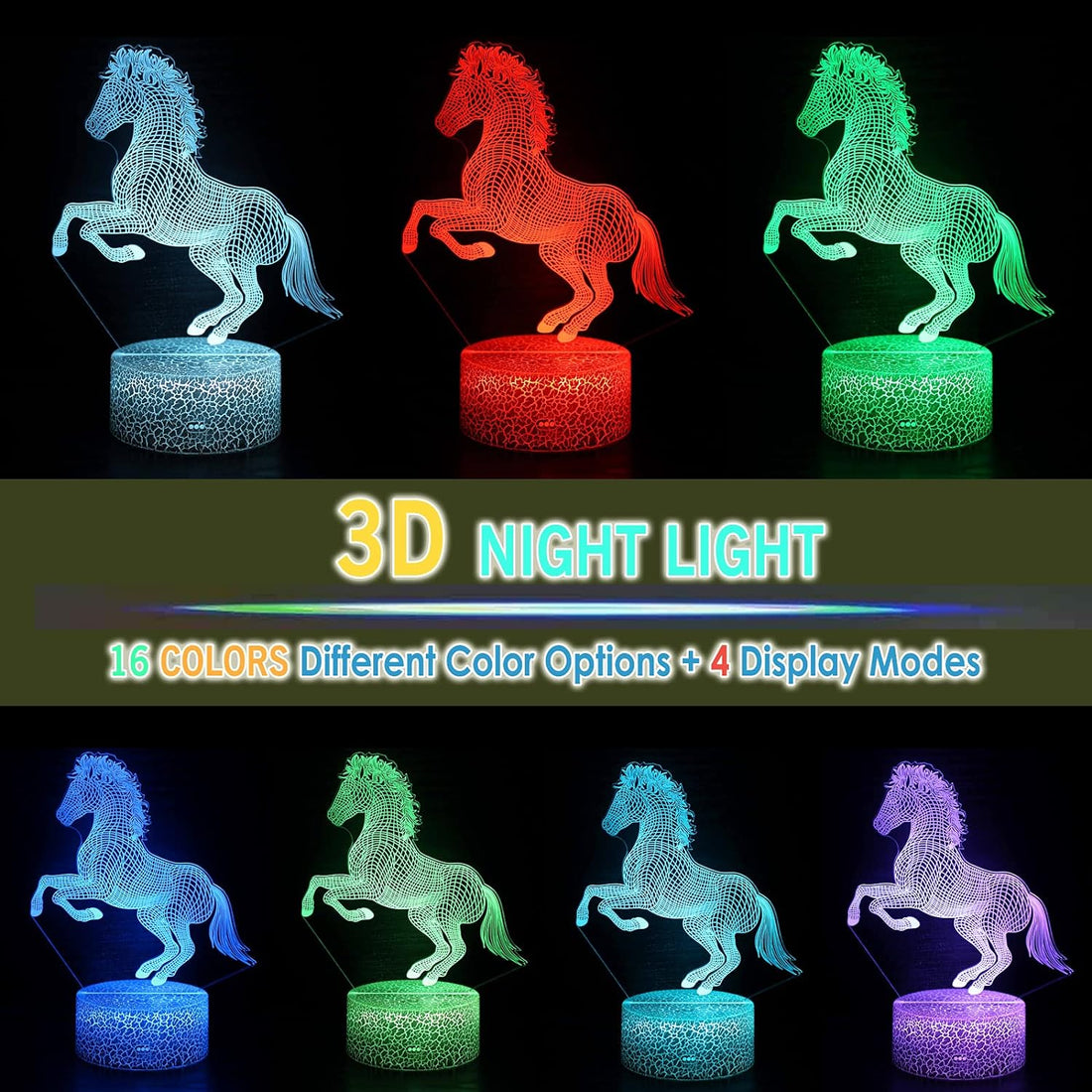 Tripro Horse Wild Animals 3D Illusion LED Table Lamp Decor Night Light with Greeting Card 16 Colors Remote Bedroom Decorations Toys Gifts for Fathers Day,Dad,Mothers,Girls,Men,Women,Kids,Boys,Teens