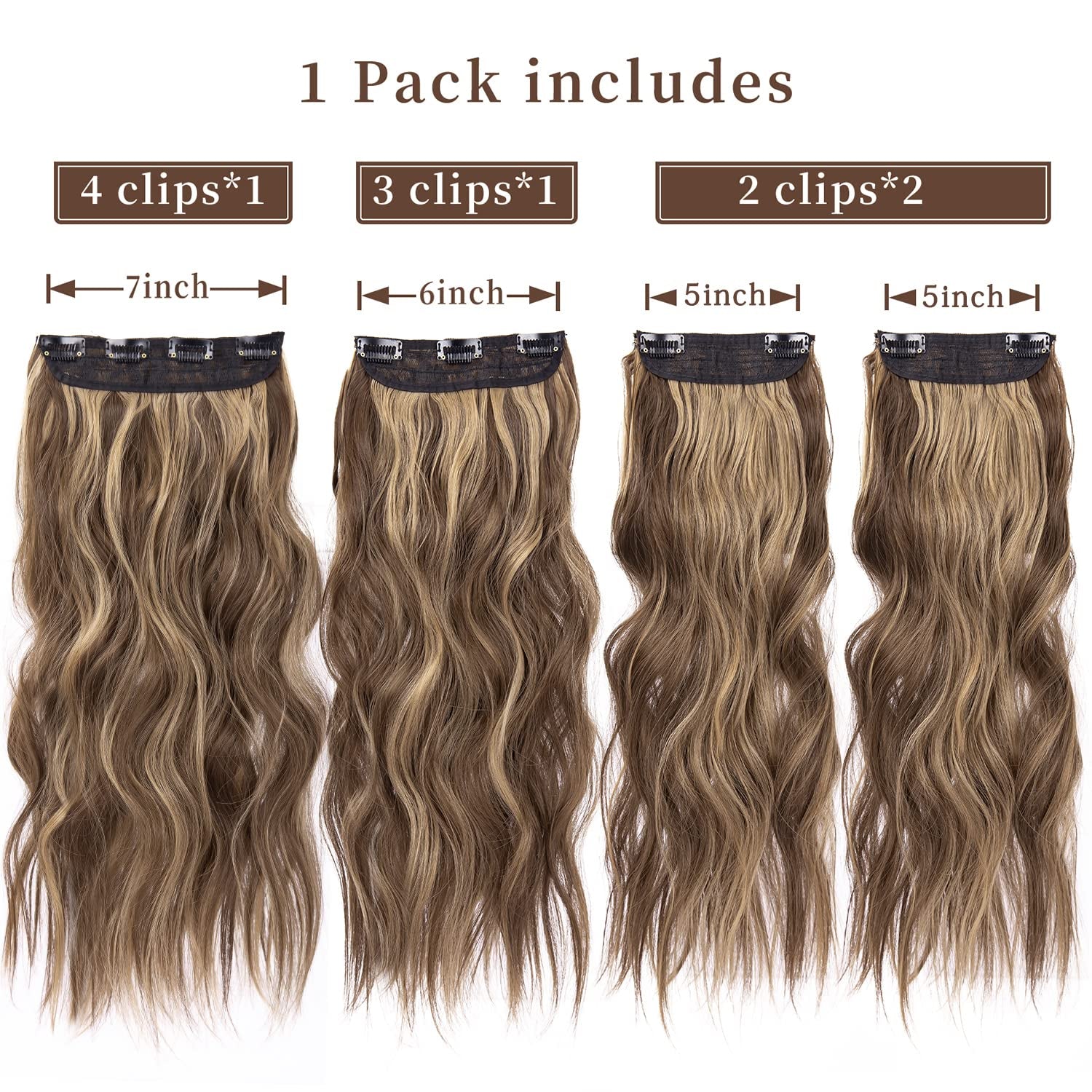 4PCS Clip in Hair Extensions Honey Blonde Mixed Light Brown 20 Inch Long Wavy Synthetic Hair Extensions (4Pcs, 20Inch, 22H10