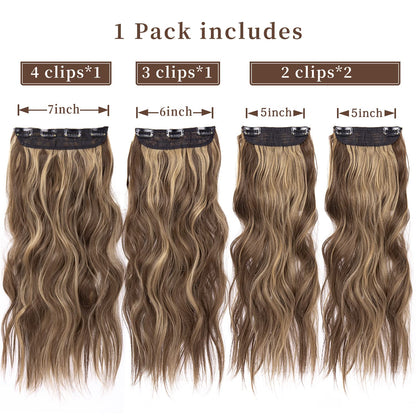 4PCS Clip in Hair Extensions Honey Blonde Mixed Light Brown 20 Inch Long Wavy Synthetic Hair Extensions (4Pcs, 20Inch, 22H10