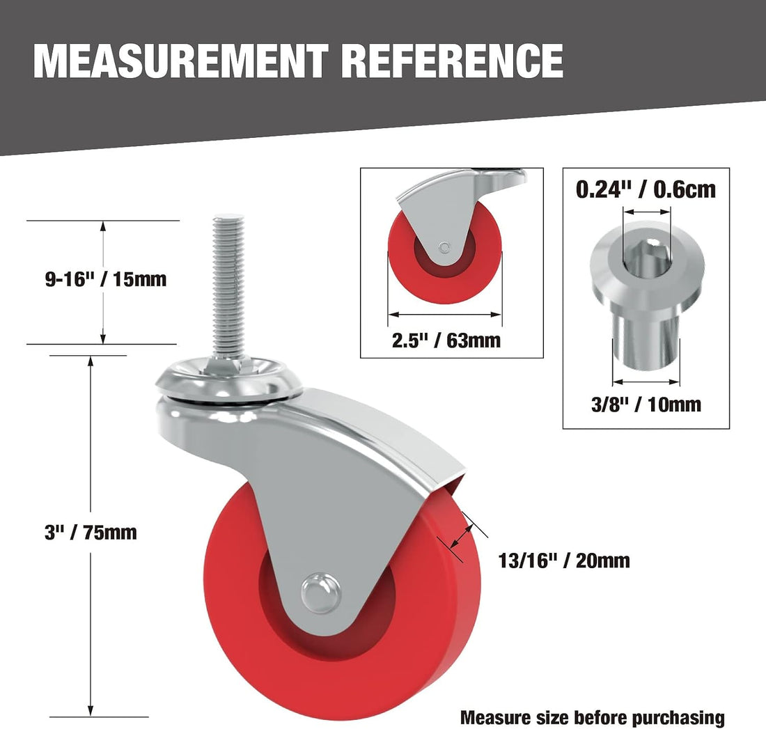 BIG RED 2.5 Inch Stem Caster Wheels Set of 6,Heavy Duty 360 Degree Swivel Stem Casters for Creeper Service Utility Cart Stool Post Mount,Atr6551-6Pb