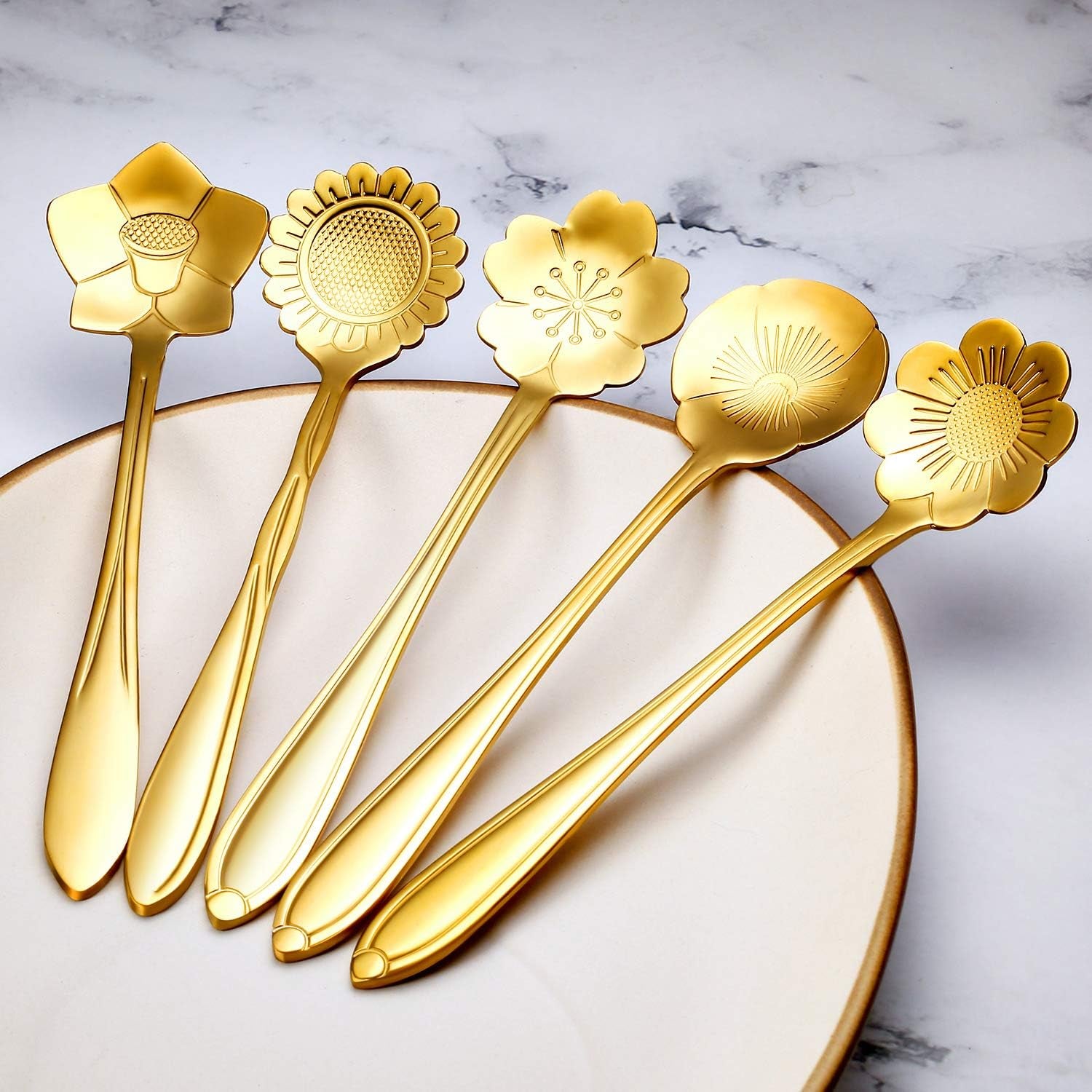 8 Pieces Flower Spoon Coffee Teaspoon Set Stainless Steel Tableware Creative Sugar Spoon Tea Spoon Stir Bar Spoon Stirring Spoon, 8 Different Patterns (Gold)