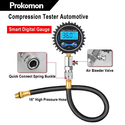 Compression Tester Automotive, Digital Compression Gauge 200 PSI for Petrol Engine Cylinder Compression Tester Kit with Adapter &amp; Hose