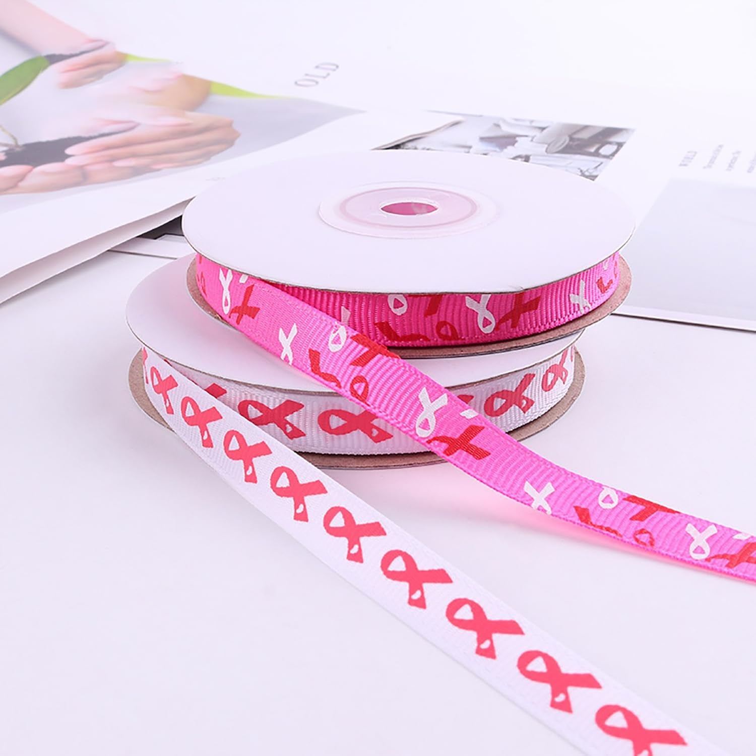 50Yards Breast Cancer Awareness Ribbon, 2Rolls Printed 3/8 Inch Grosgrain Ribbon for Gift Wrapping DIY Crafts Decoration (White, Rose Pink)