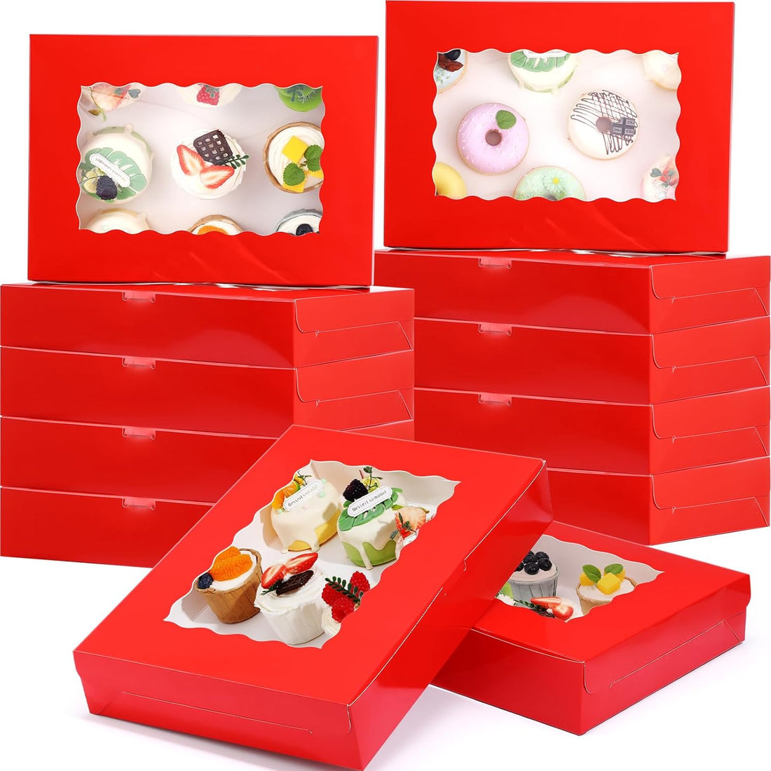 Crtiin 50 Pcs Red Large Bakery Boxes with Window for Wedding Gifts 14 X 10 X 2.5 Inch Wedding Treat Boxes Cookie Boxes with Window for Pastry, Donuts, Muffins and Strawberries