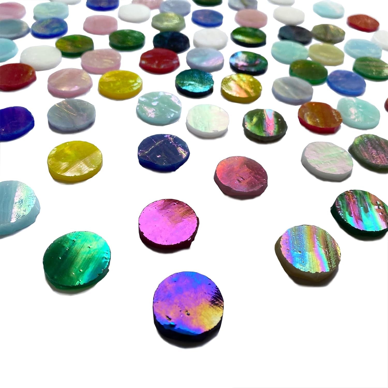 4/5&quot; Magic Iridescent round Circle Glass Mosaic Tiles for Crafts 125 Pieces, Stained Glass Supplies Mosaic Kit for Adults, Stained Glass Sheets Pieces