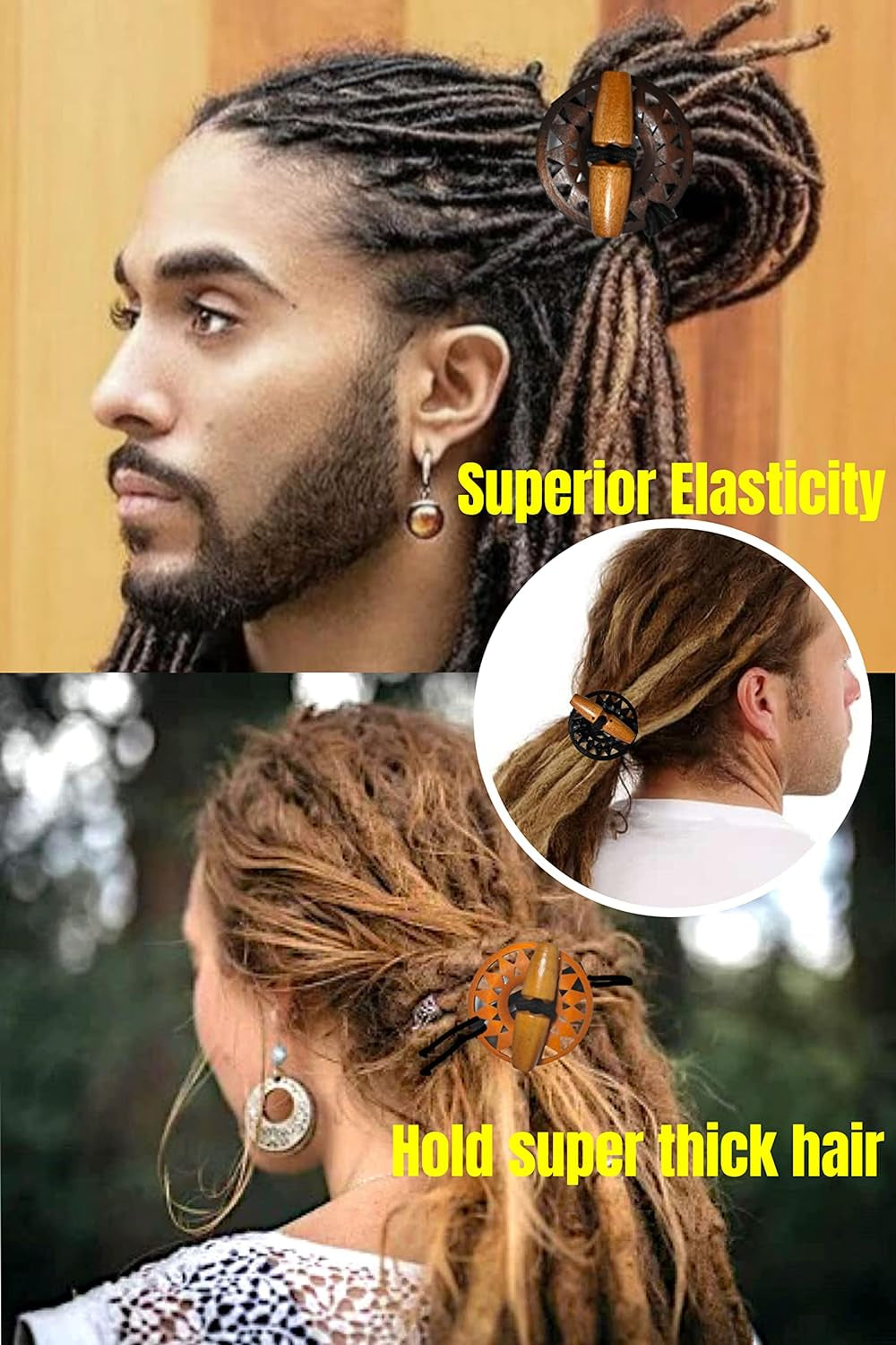 3 Pcs Toggle Wood Carving Hair Tie Dreadlock Accessories Extra Long Elastic Rubber Band Embedded Ponytail Holders Loc Hair Accessories Long Dread Bands for Women Men Thick Curly Hair (Hallow Carving)