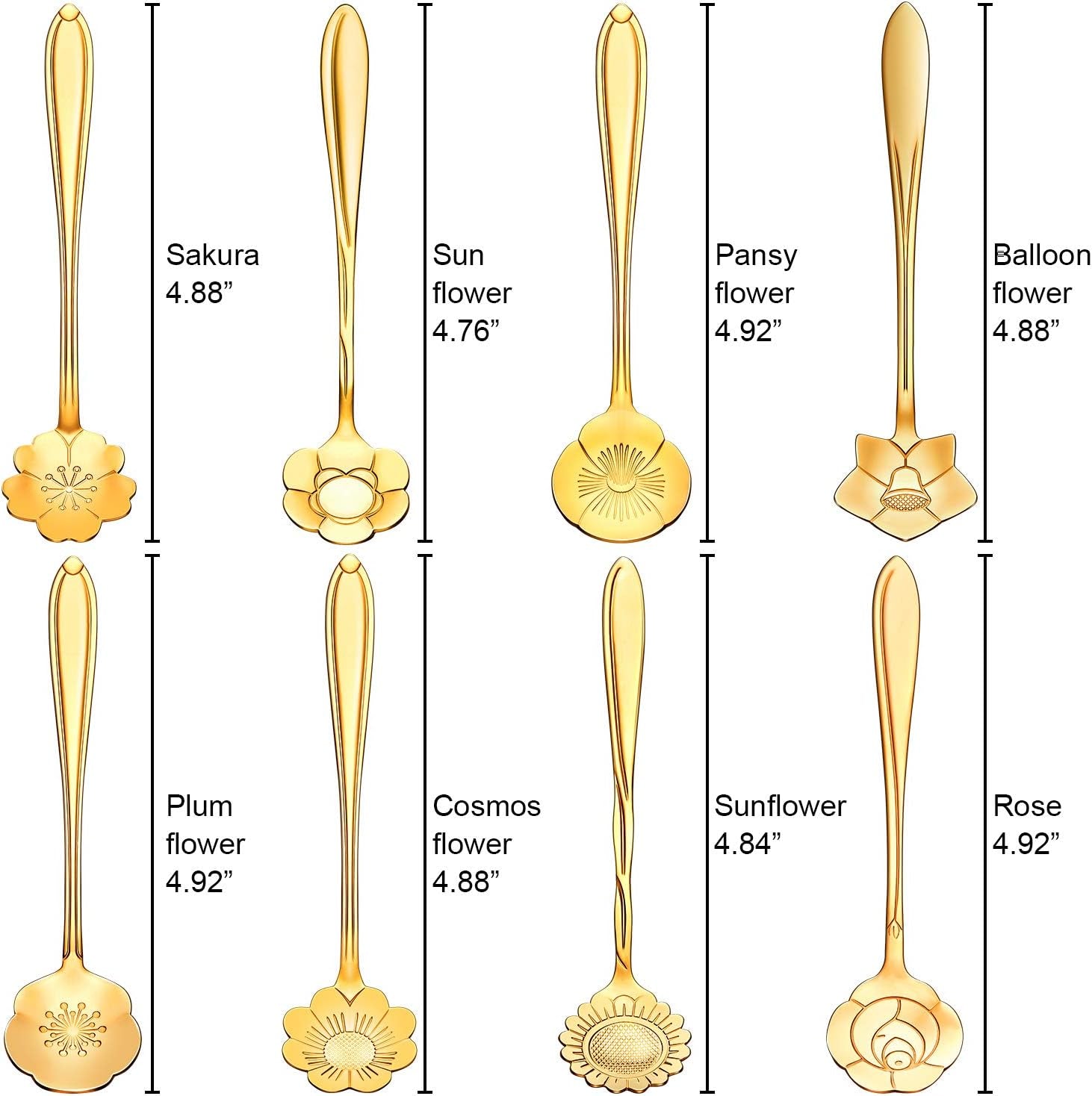 8 Pieces Flower Spoon Coffee Teaspoon Set Stainless Steel Tableware Creative Sugar Spoon Tea Spoon Stir Bar Spoon Stirring Spoon, 8 Different Patterns (Gold)