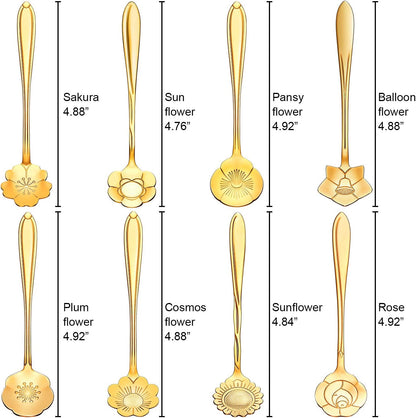 8 Pieces Flower Spoon Coffee Teaspoon Set Stainless Steel Tableware Creative Sugar Spoon Tea Spoon Stir Bar Spoon Stirring Spoon, 8 Different Patterns (Gold)