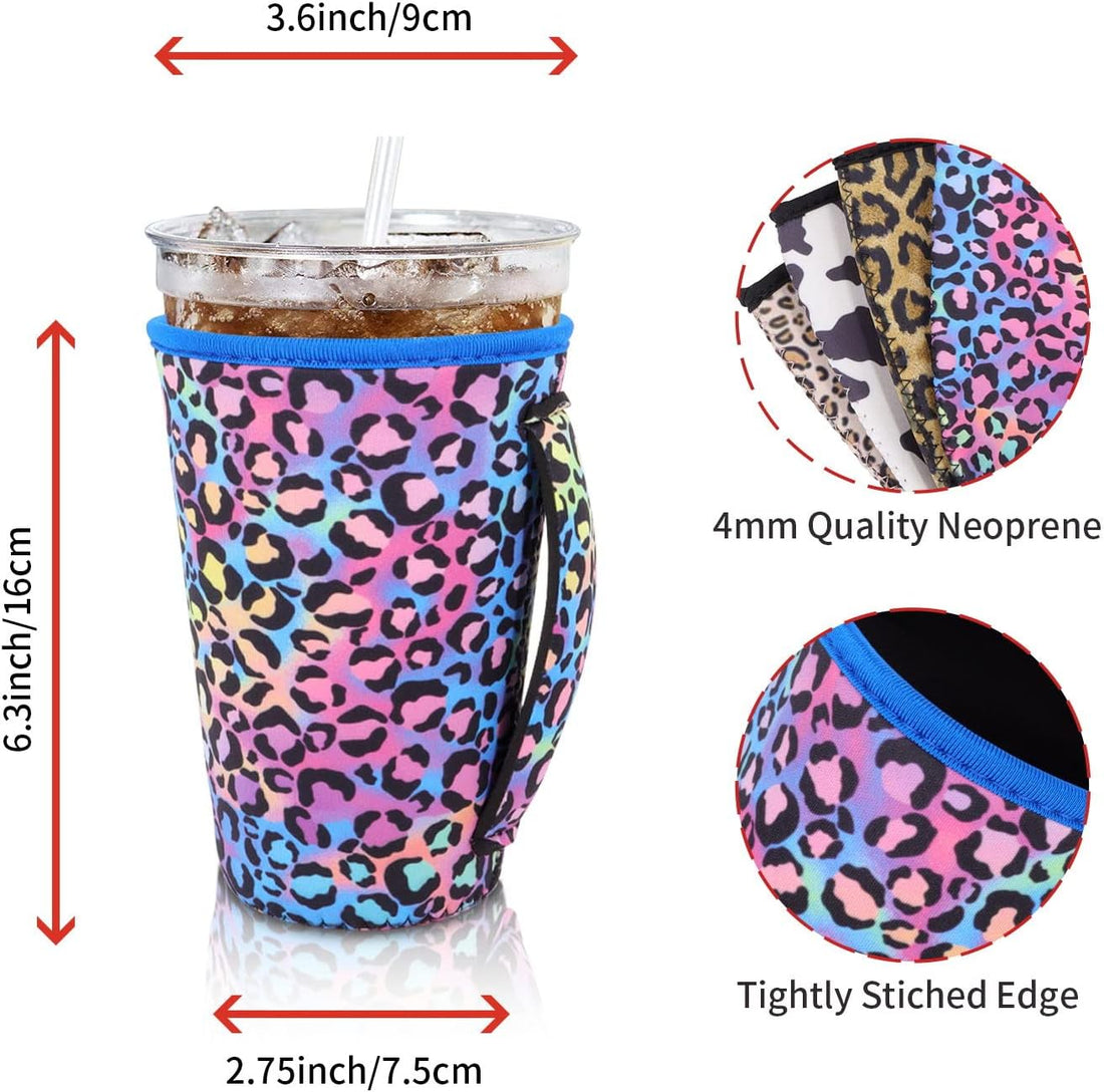 4Pack Reusable Iced Coffee Sleeve Insulator Sleeves for Cold Drinks Beverages, Neoprene Cup Holder for Most Coffee, Fits 30-32Oz Large Cups (Animal Pattern with Handle)