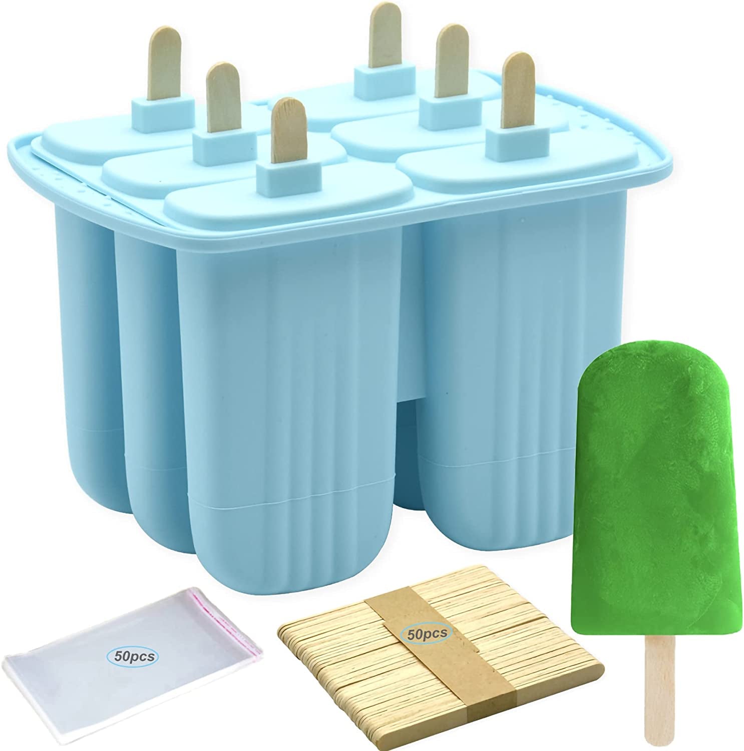 Bangp Popsicle Molds 6 Pieces,Silicone Ice Pop Molds BPA Free,Homemade Popsicle Maker,Reusable Easy Release Ice Pop Maker for Kids,With 50 Popsicle Sticks and 50 Popsicle Bags(Blue)