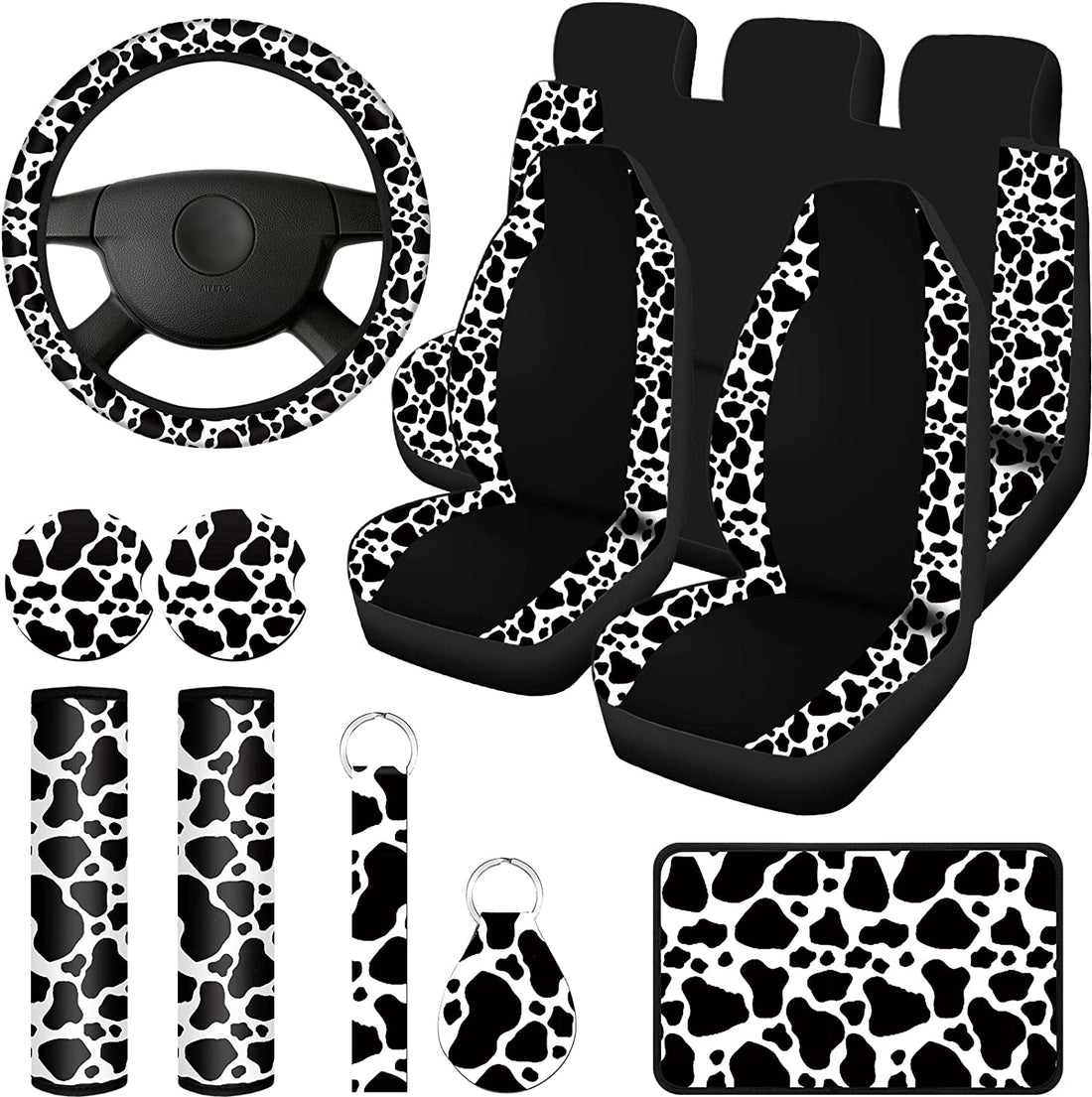 Cow Print Car Seat Covers Full Set for Women Men Cow Print Car Accessories Set Rubber Steering Wheel Cover Car Armrest Pad Cover Seat Belt Pads Wrist Holder Keychain(Classic Style, Rubber)