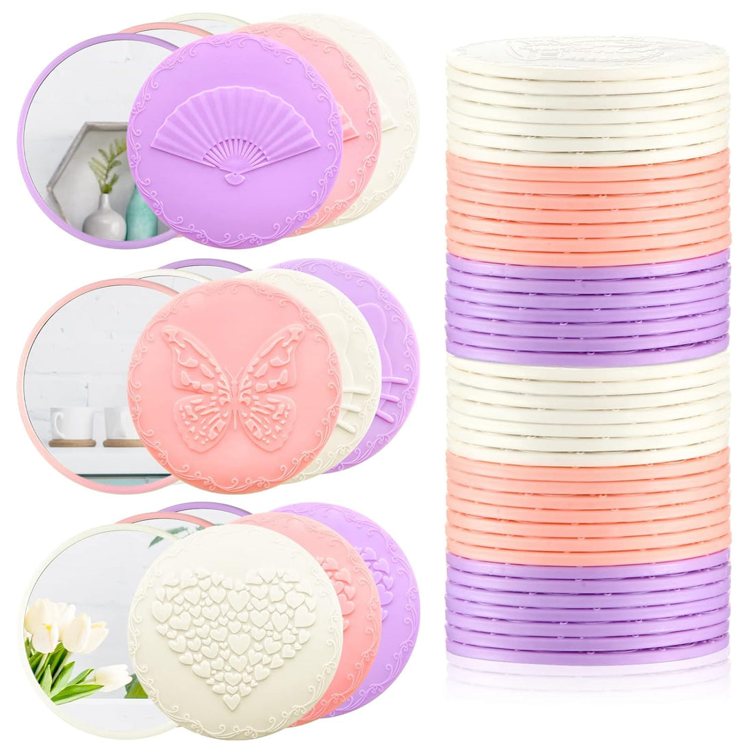 50 Pcs Compact Mirror Bulk Portable Travel Makeup Mirror Colorful Small Pocket Mirror for Women Girls Travel Daily Use,24 Styles, Purple, Pink, White