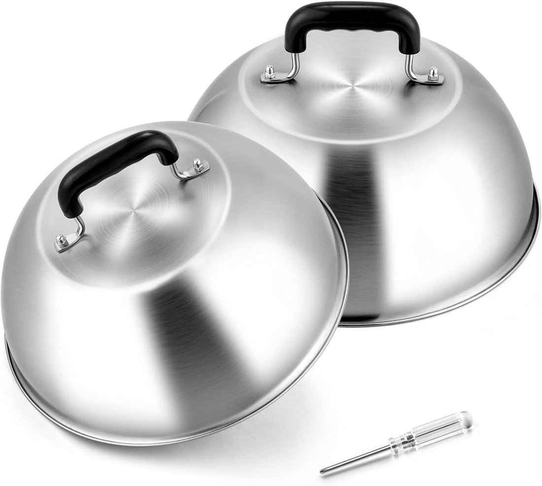 Cheese Melting Dome Set of 2(12 Inch), Joyfair Large Stainless Steel Basting Cover for Griddle, Flat Top Grill Tools for Outdoor BBQ Grilling Teppanyaki Cooking Steaming, Heavy Duty &amp; Dishwasher Safe