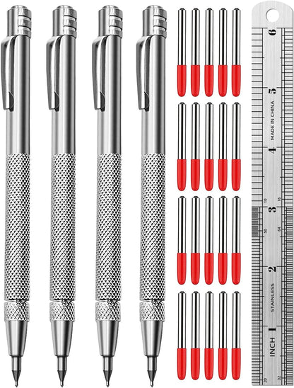 Tungsten Carbide Scriber, Knurled Aluminum Handle, 4-Pack with Bonus Marking Tips and Steel Ruler, Ideal for Detailed Crafting and Carving