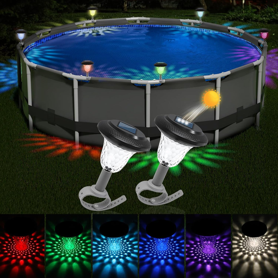 BITIWEND Pool Lights, 2 Pack Color Changing above Ground Pool Lights, IP65 Waterproof Decorative Solar Pool Lights for above Ground Outdoor Metal and Ultra Framed Swimming Pools - RGB &amp; Warm Light