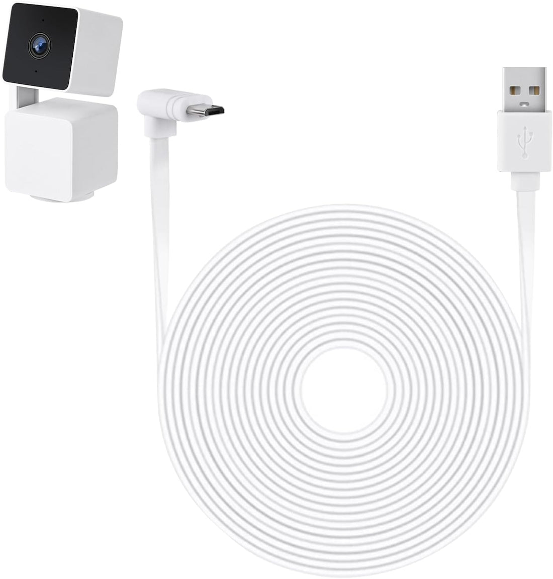 30FT Power Cable Compatible with WYZE Cam Pan V3, 90 Degree L-Shaped Flat Micro USB Extension Cable for WYZE Cam Pan V3 (White)