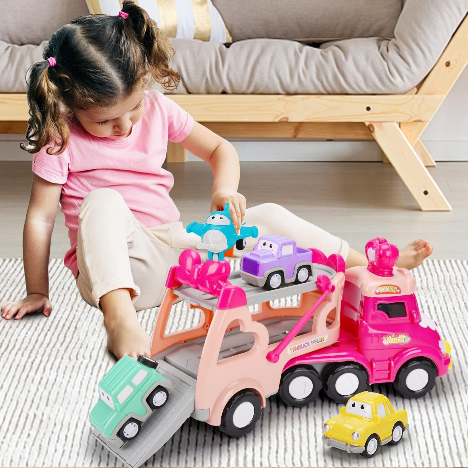 Toys for 1 2 3 Year Old Girl Gifts: 5-In-1 Carrier Truck Toddler Girl Toys Age 1-2 Pink Princess Car Toys for Toddlers Girls Age 1 2 3 Years Old Baby Girl Birthday Gifts