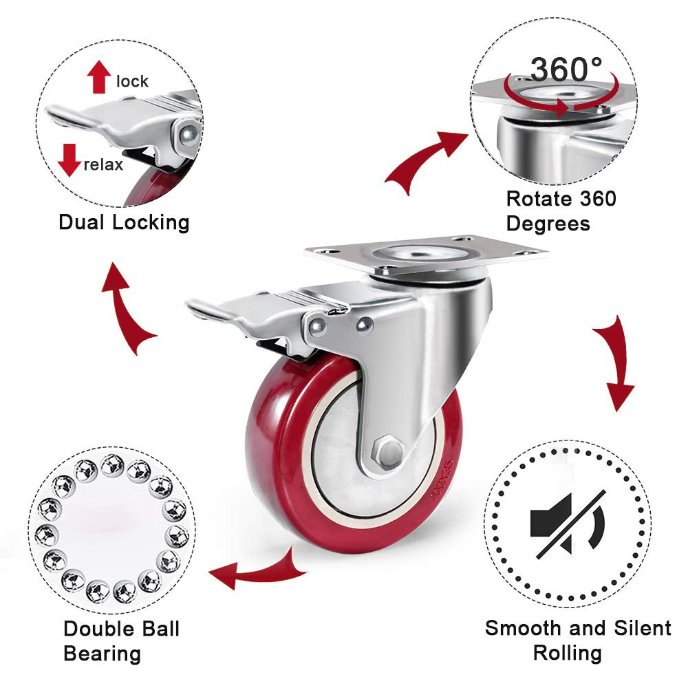 D&amp;L 4 Inch Plate Swivel Casters Wheels 1800Lbs Heavy Duty Casters with Brake Polyurethane Dual Locking Casters Set of 4 Red DL-I4-001