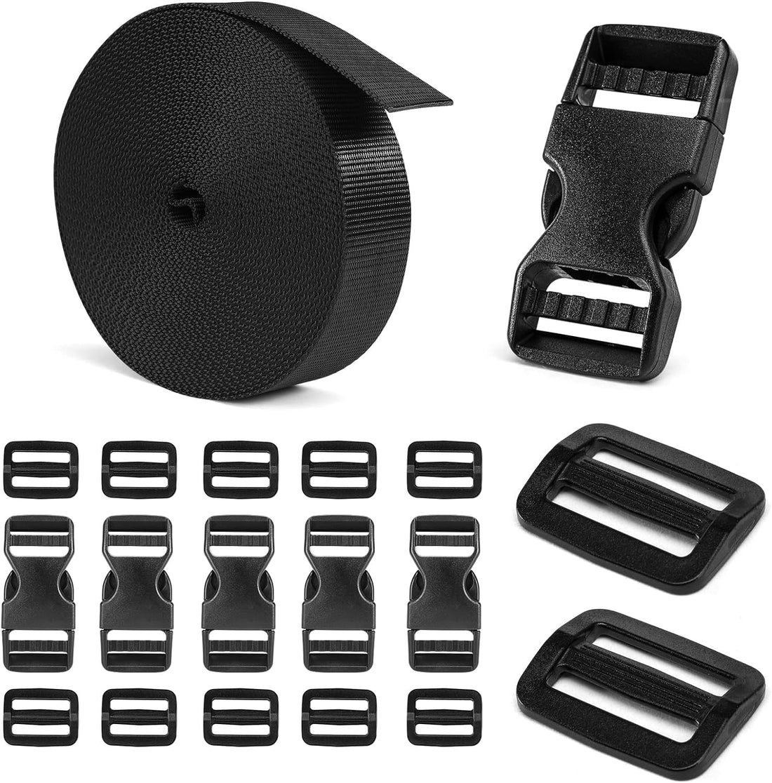 Buckles and Straps Set 1&quot;: 6 Yards of Thick Nylon Webbing, 6-Pack Heavy Duty Adjustable Quick Side Release Plastic Buckles, 12 Tri-Glide Slide Clips, Black (1-Inch Combo Set)