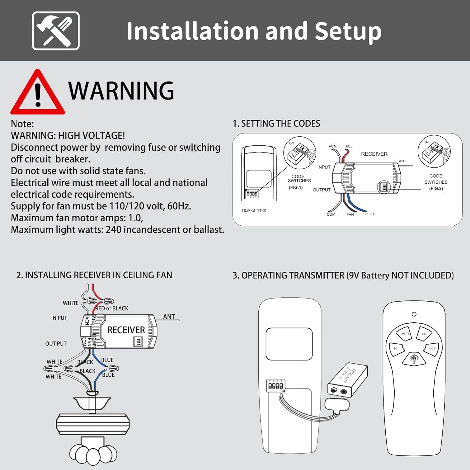 CENMING Universal Ceiling Fan Remote Control Kit Replacement for Harbor Breeze Hampton Bay Hunter Litex, 3-Speed Light Dimmer, with FAN28R Receiver, Replace FAN-53T 2AAZPFAN53T 11T KUJCE9103 UC7030T